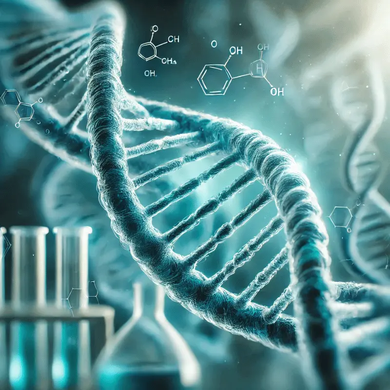 Close-up of DNA strands with blue and teal tones in a lab setting