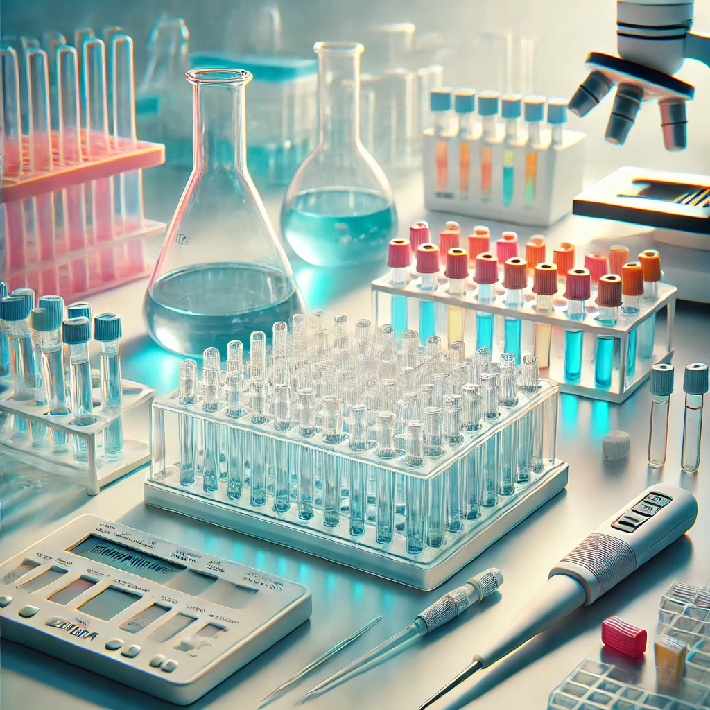 Lab setup with ELISA testing kits, pipettes, and test tubes, highlighting reliable and high-quality lab supplies for precision.