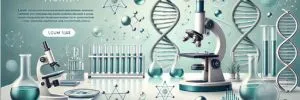 Biotech lab hero banner with DNA and lab equipment