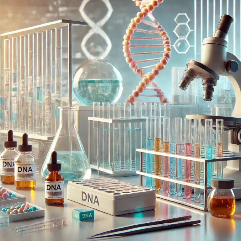 Laboratory setup for molecular biology research with test tubes, pipettes, and DNA extraction kits, emphasizing organization and precision.